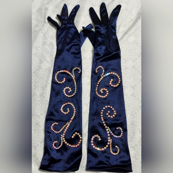 Rhinestoned Blue Satin Stretch Opera Gloves (OS) - Picture 1 of 4